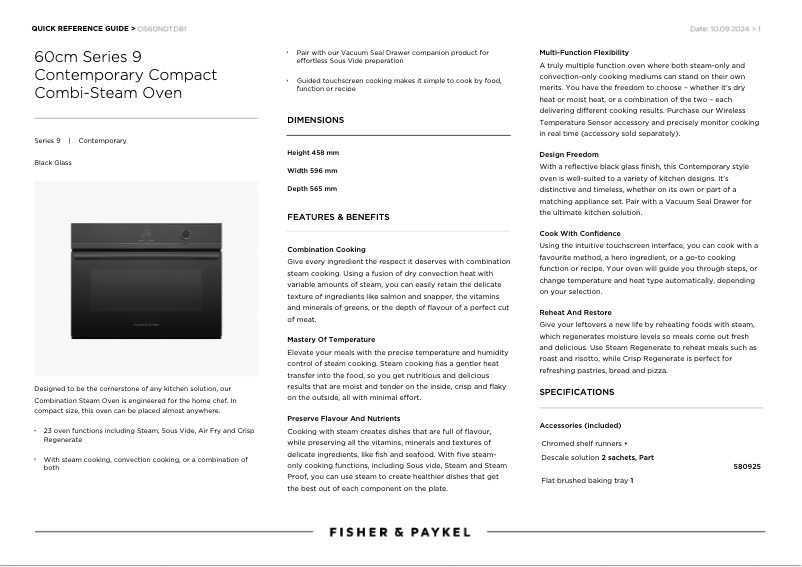 Page 1 de la notice Fiche technique Fisher & Paykel OS60NDTDB1