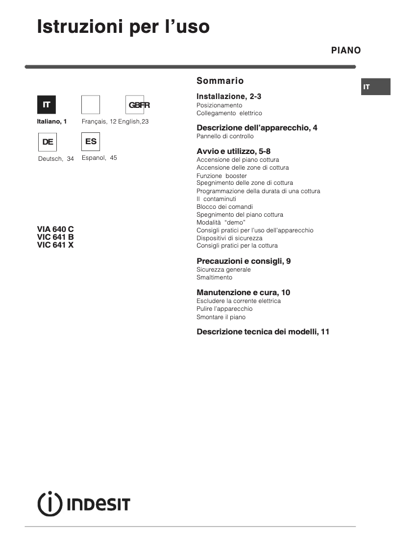 Page 1 de la notice Manuel utilisateur Indesit VIC 641 B