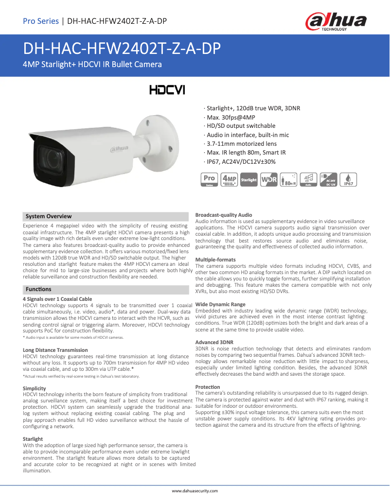 Page n°1 - Fiche technique Dahua Technology HAC-HFW2402T-Z-A-DP