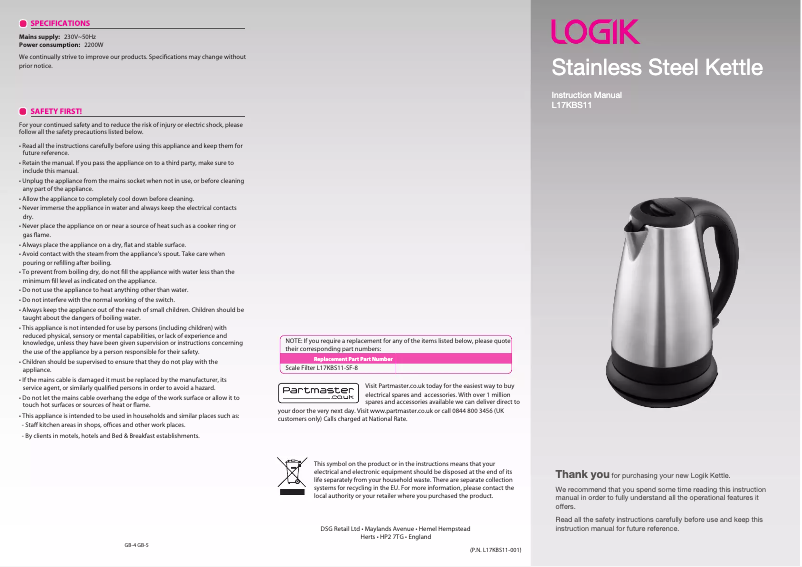 Page 1 de la notice Manuel utilisateur Logik L17KBS11