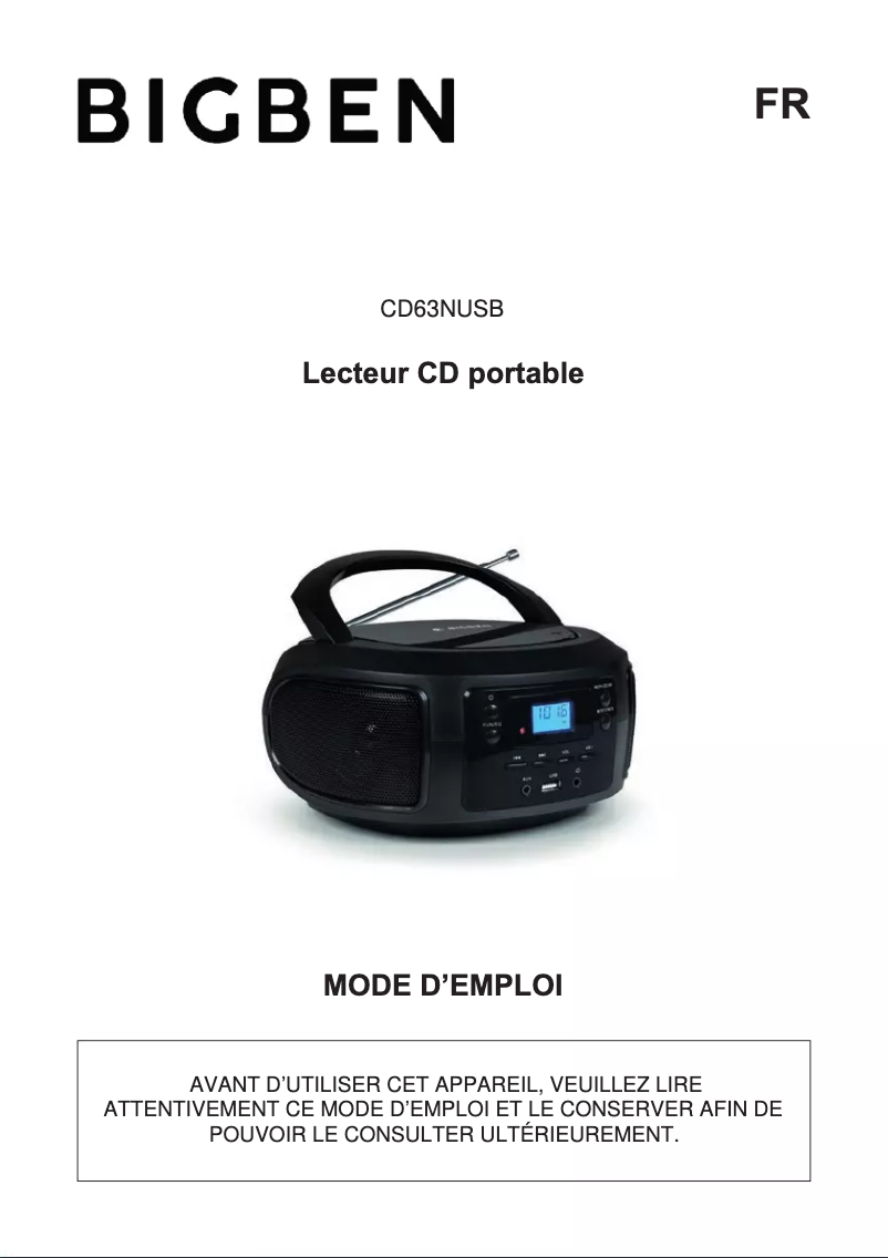 Page 1 de la notice Manuel utilisateur Bigben CD63NUSB