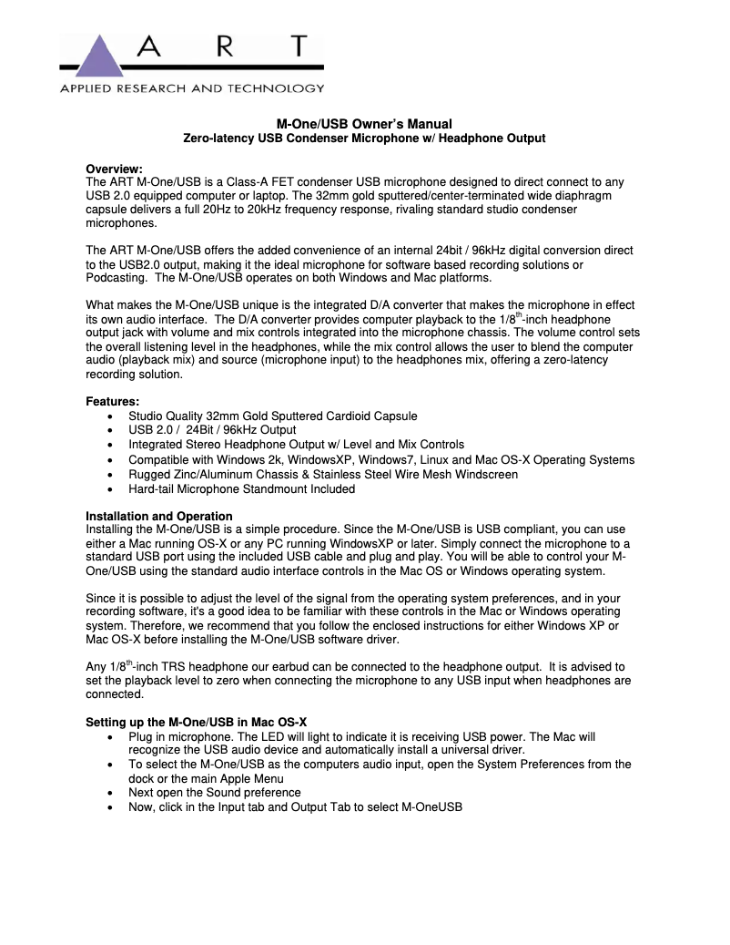 Page 1 de la notice Manuel utilisateur ART M-One/USB