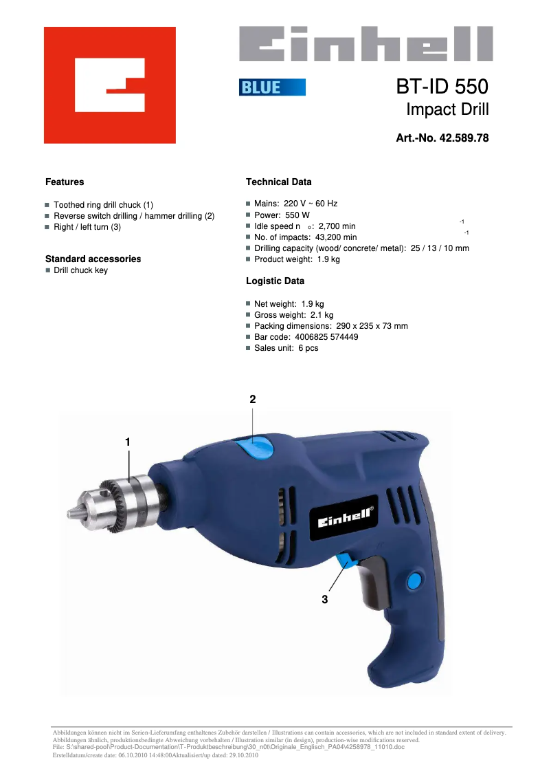Page 1 de la notice Manuel utilisateur Einhell BT-ID 550