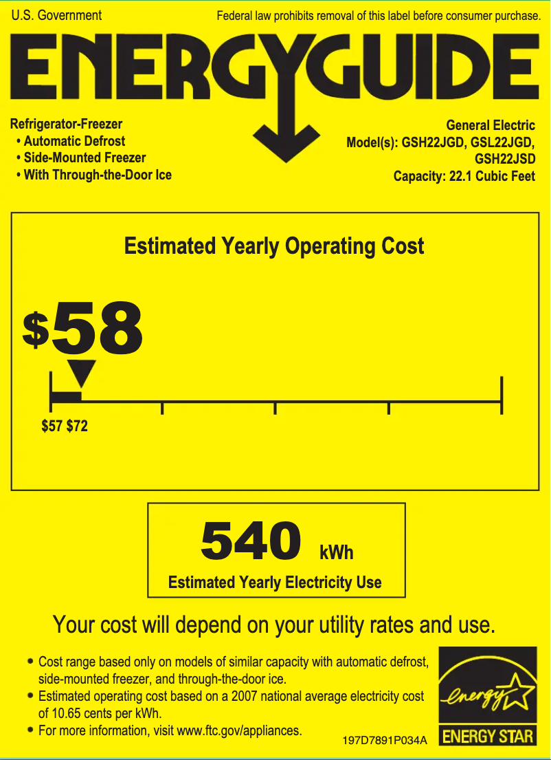 Page 1 de la notice Label énergétique GE GSH22JGDCC