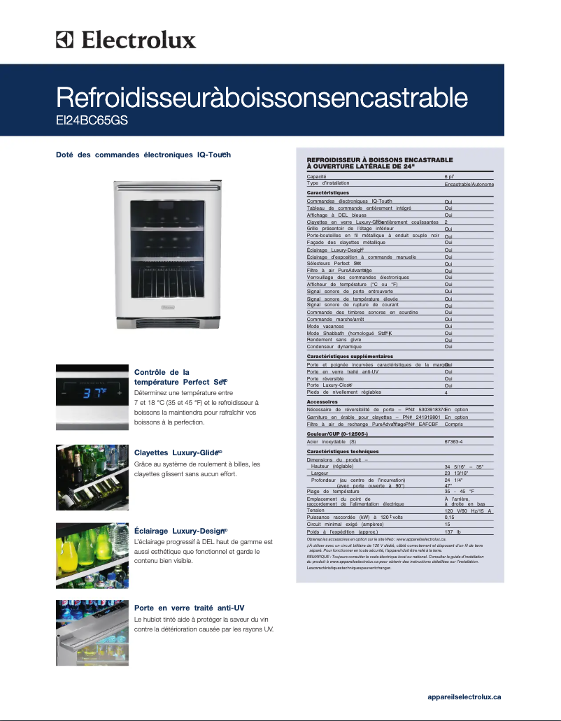 Page 1 de la notice Fiche technique Electrolux EI24BC65GS