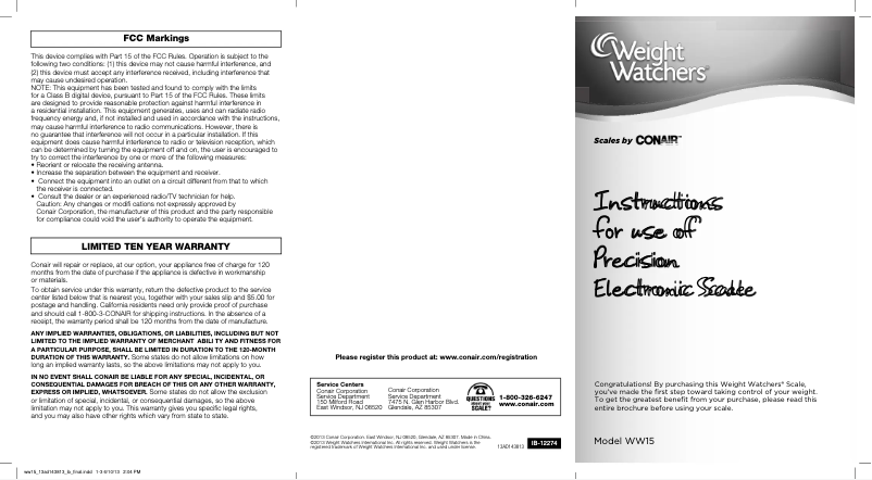 Página 1 del manual Manual de usuario Conair Weight Watchers WW15