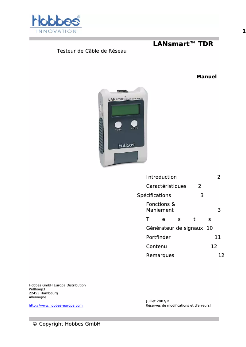Page n°1 - Manuel utilisateur Hobbes 256003
