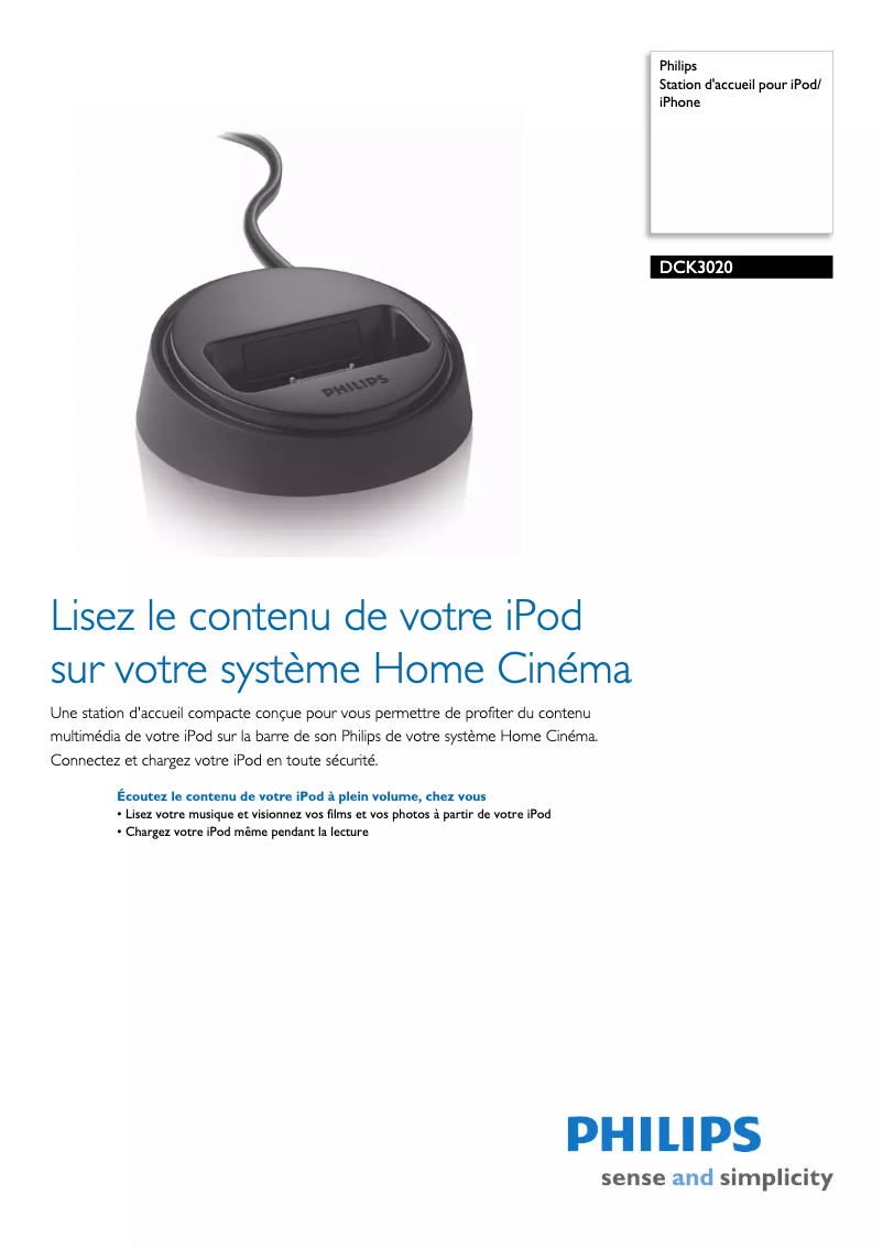 Page 1 de la notice Fiche technique Philips DCK3020