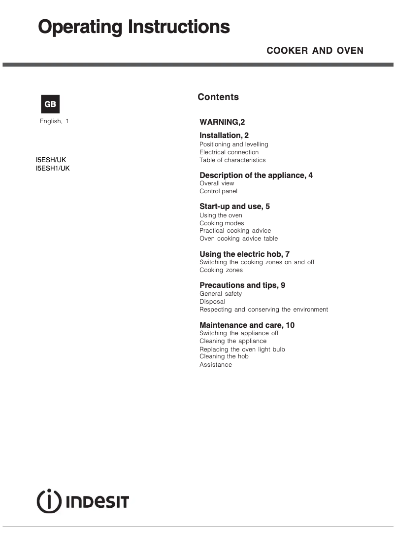 Page 1 de la notice Manuel utilisateur Indesit I5ESH1XUK