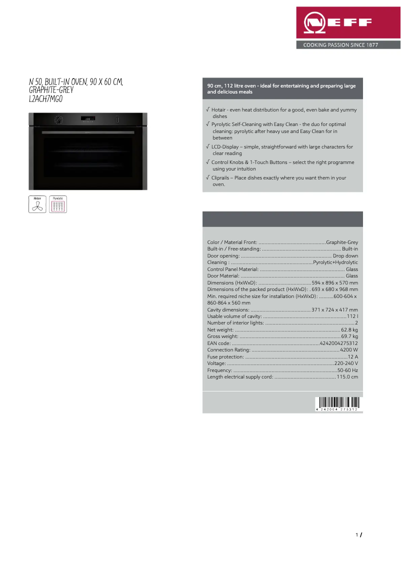 Page 1 de la notice Fiche technique Neff L2ACH7MG0