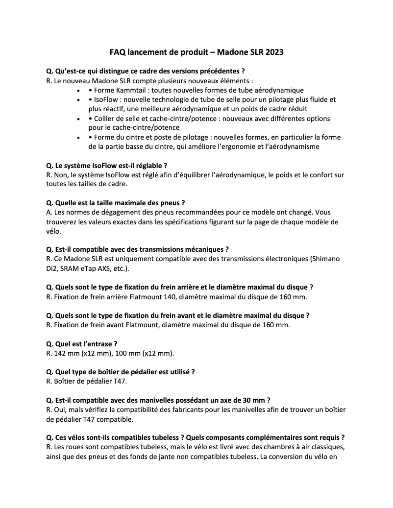Page 1 de la notice FAQ Trek Madone SLR Gen 7