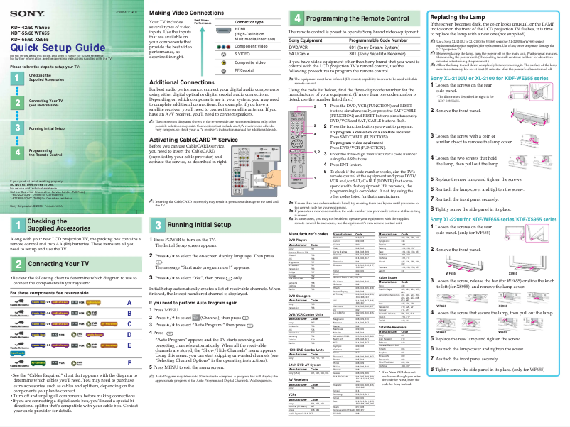 Page 1 de la notice Guide d'installation Sony KDF-55XS955