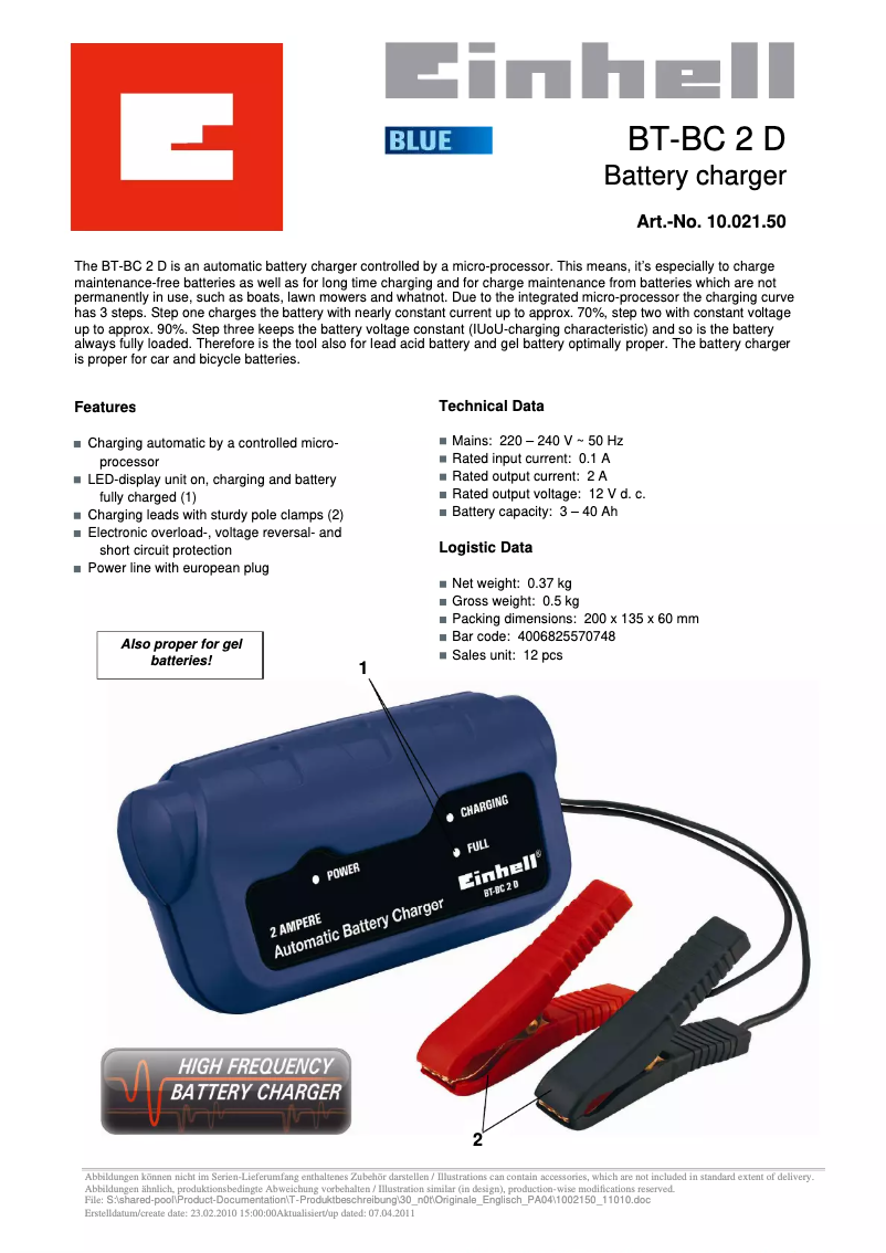 Page 1 de la notice Manuel utilisateur Einhell BT-BC 2 D