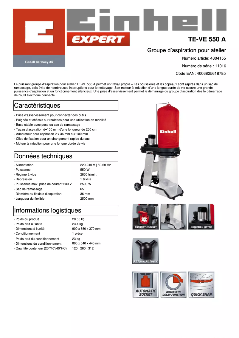 Page n°1 - Fiche technique Einhell TE-VE 550 A