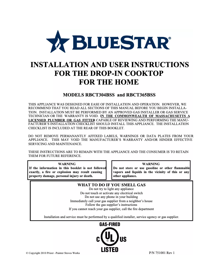 Página 1 del manual Guía de instalación BlueStar RBCT304BSSV2LP