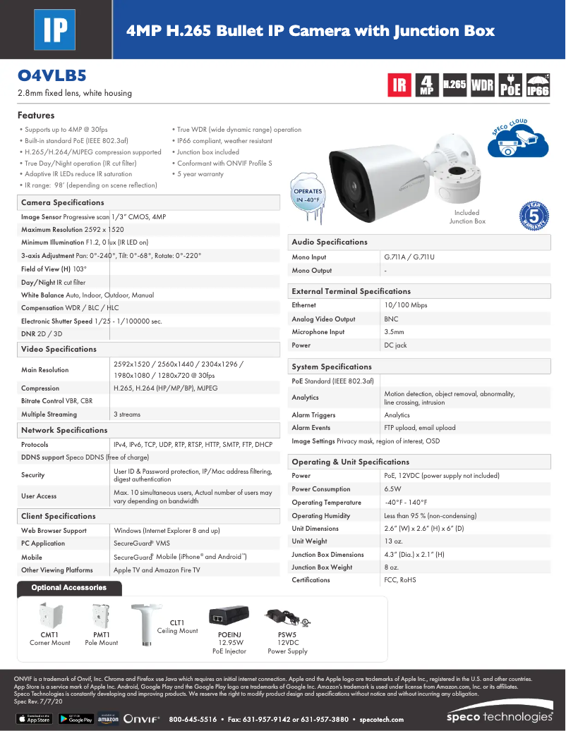 Page 1 de la notice Fiche technique Speco Technologies O4VLB5