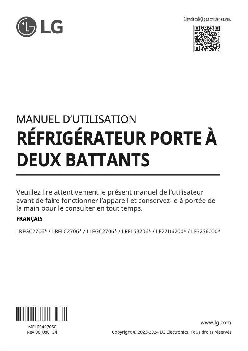 Page 1 de la notice Manuel utilisateur LG LRFLC2706S