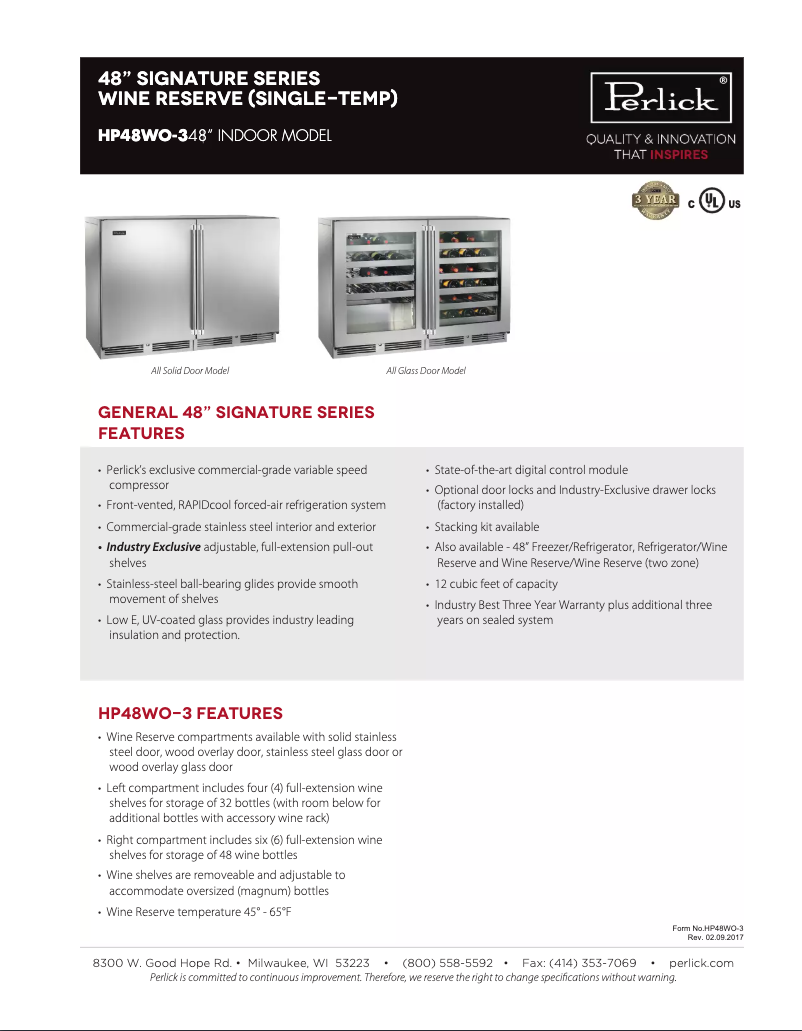 Página 1 del manual Ficha técnica Perlick Signature Series HP48WO-S-3-2L-2R