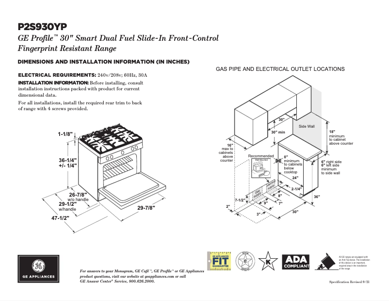 Página 1 del manual Ficha técnica GE Profile P2S930YPFS