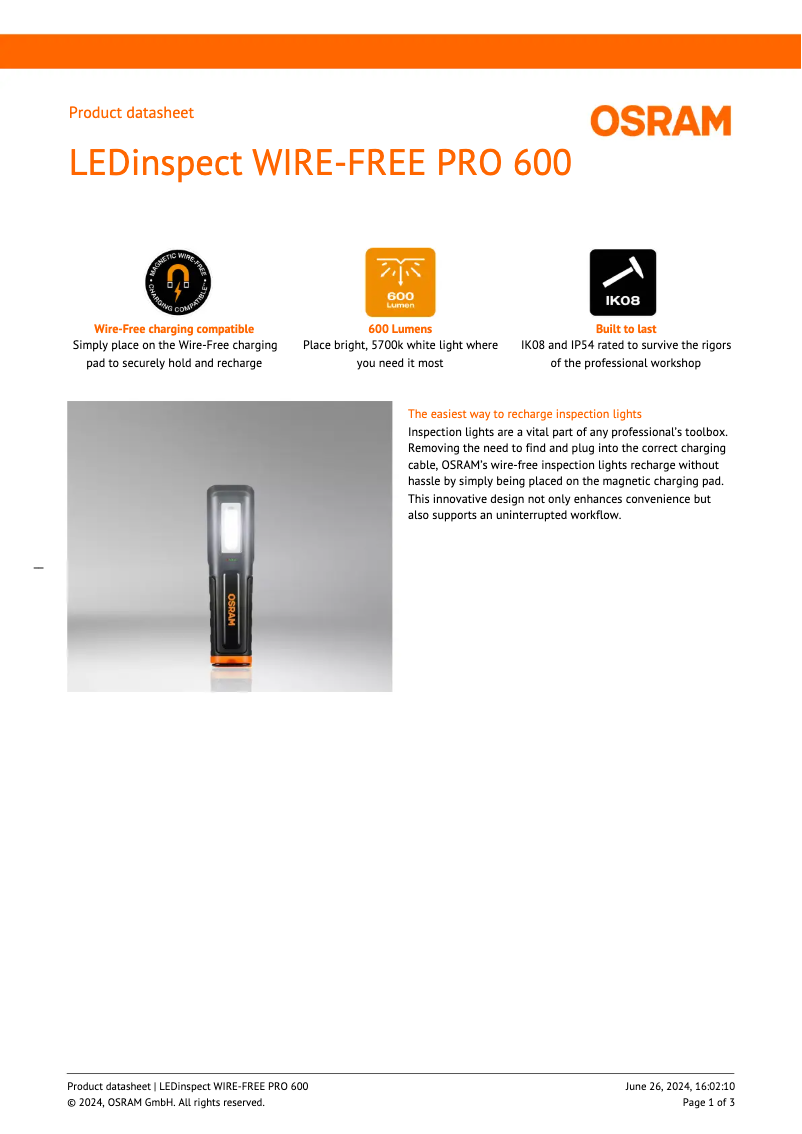 Page n°1 - Fiche technique Osram LEDinspect WIRE-FREE PRO 600