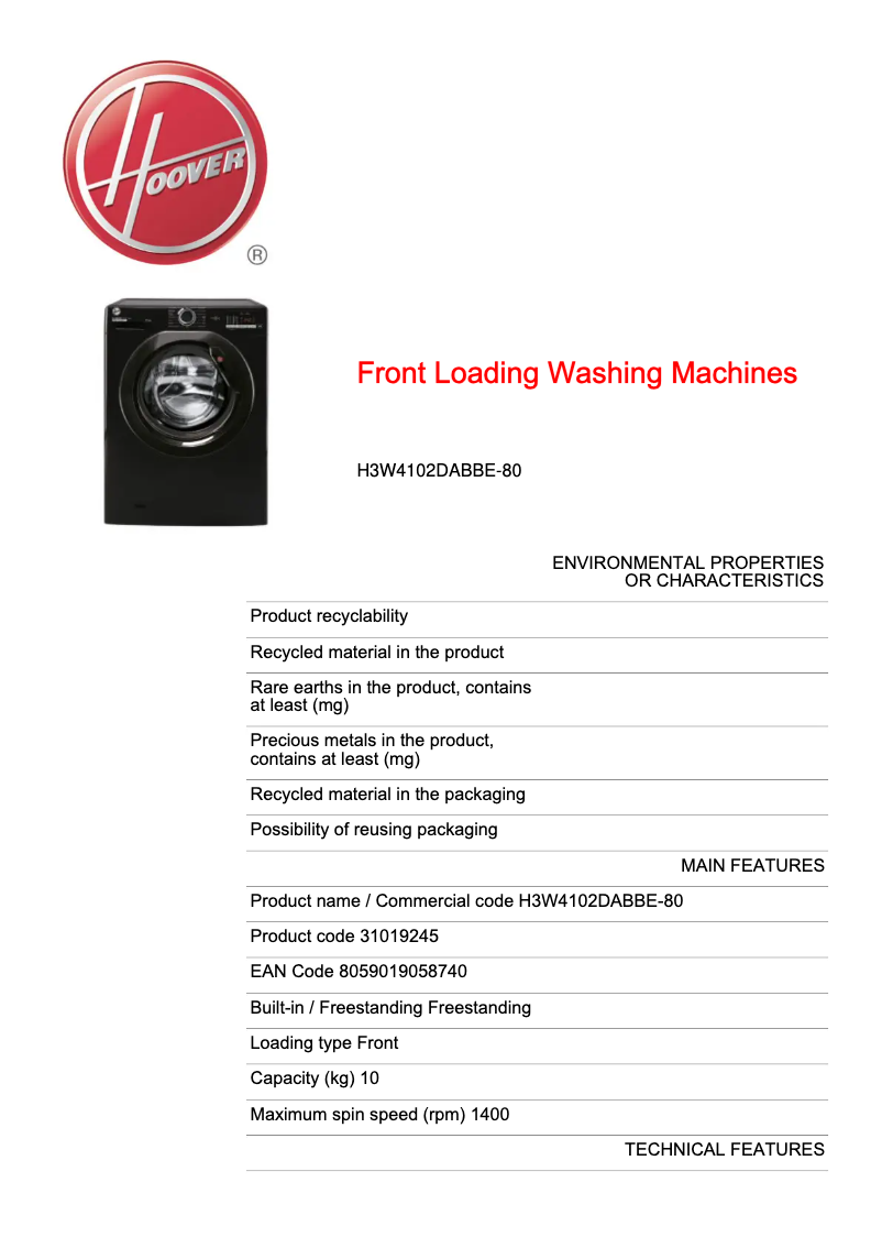 Page 1 de la notice Fiche technique Hoover H3W4102DABBE-80