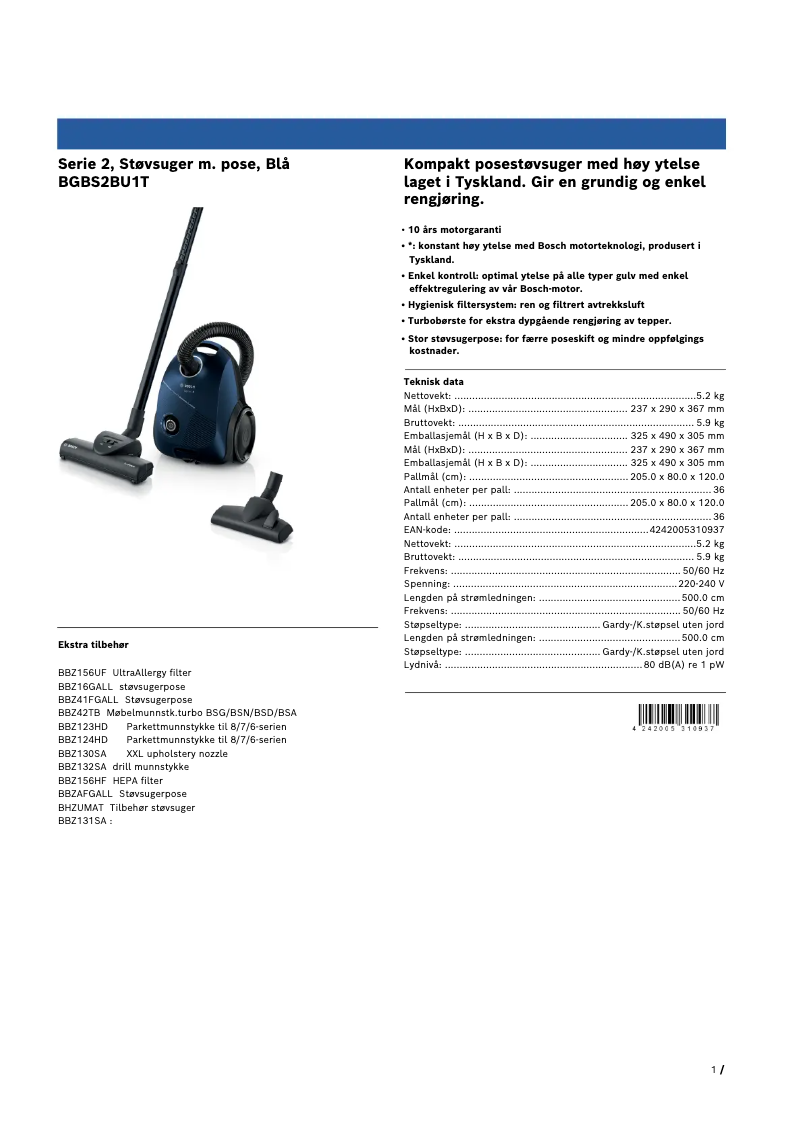 Page 1 de la notice Brochure Bosch BGBS2BU1T