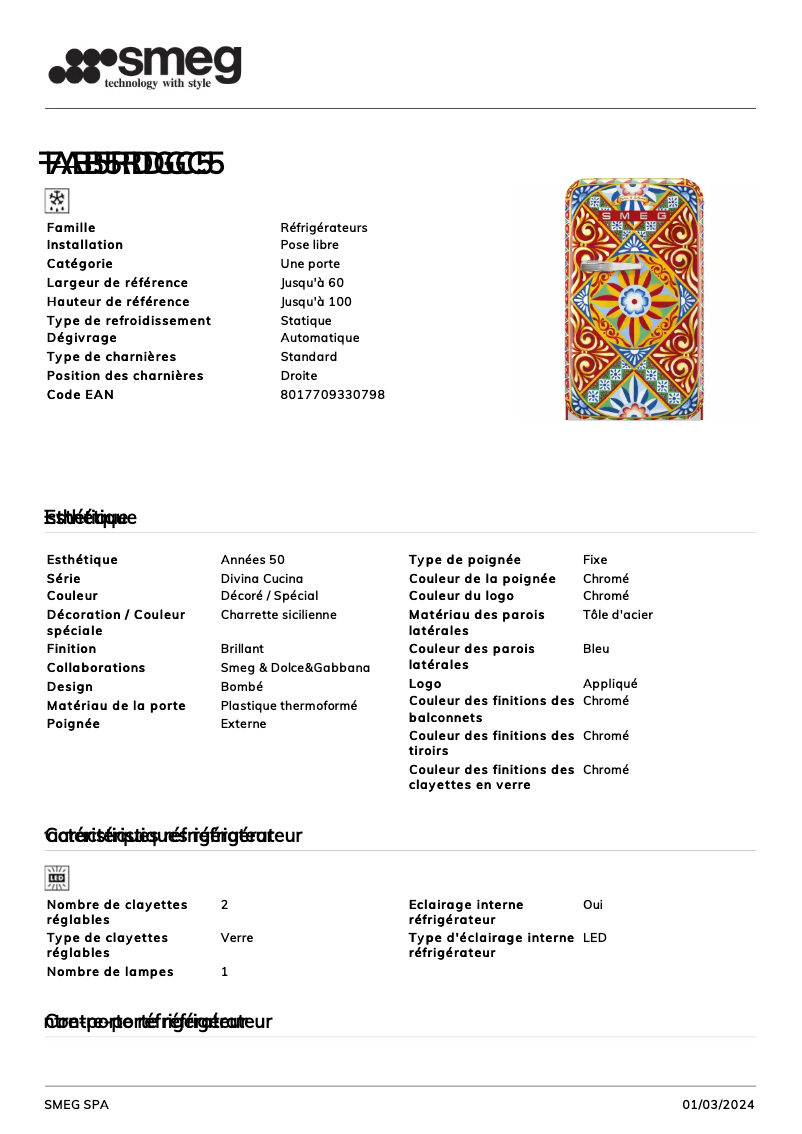 Page 1 de la notice Fiche technique Smeg FAB5RDCG