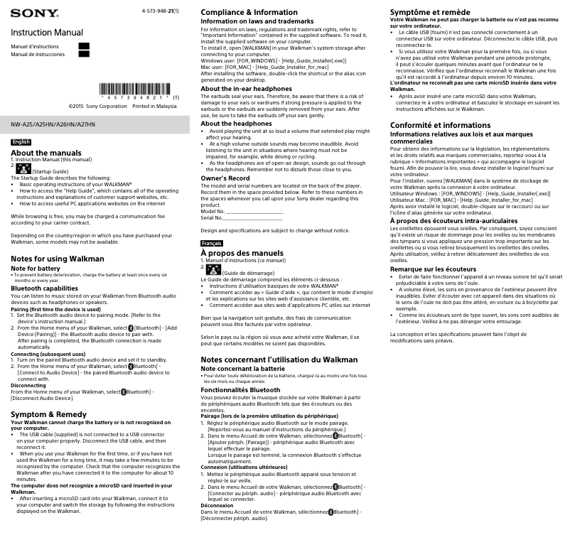 Page n°1 - Manuel utilisateur Sony Walkman NW-A27HN