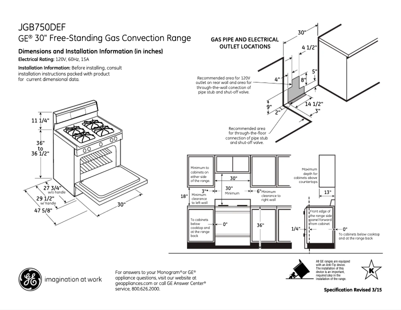 Page 1 of the manual Technical Sheet GE JGB750DEFCC