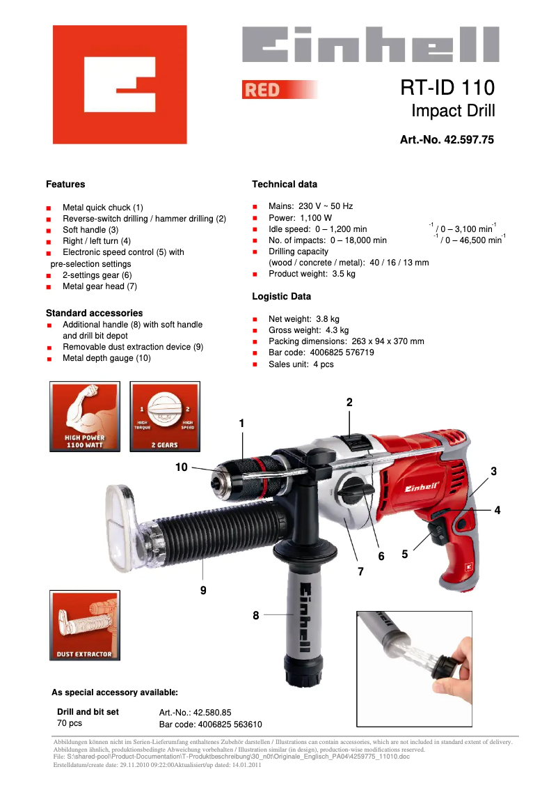 Page 1 de la notice Manuel utilisateur Einhell RT-ID 110