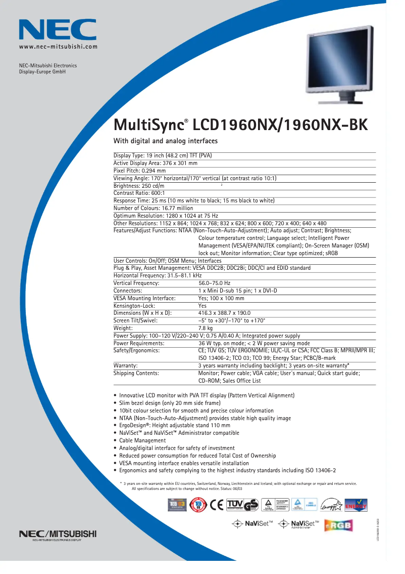 Page 1 de la notice Fiche technique NEC MultiSync LCD1960NX