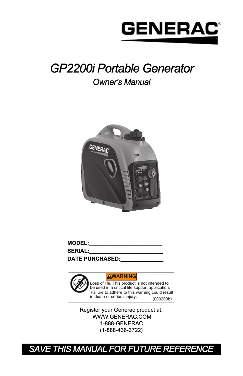 Page n°1 - Manuel utilisateur Generac GP2200i