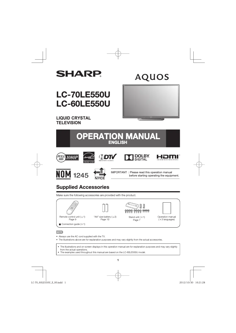 Page 1 de la notice Manuel utilisateur Sharp LC60LE550U