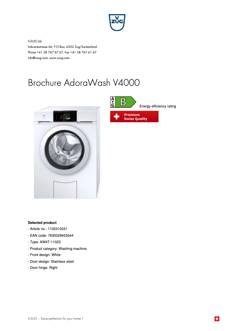Page 1 of the manual Brochure V-Zug AdoraWash V4000