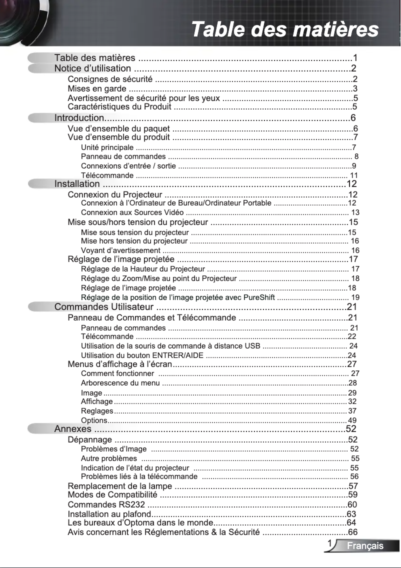 Page 1 de la notice Manuel utilisateur Optoma EX765