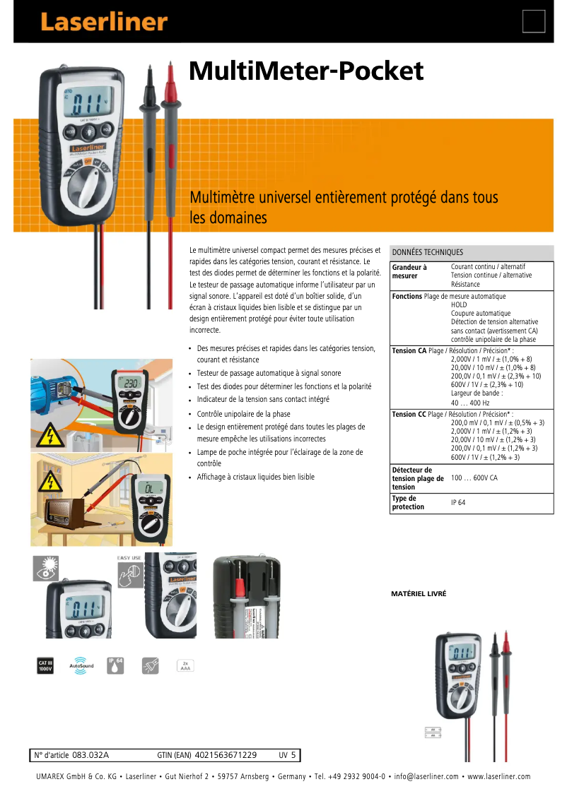 Page 1 de la notice Fiche technique Laserliner MultiMeter-Pocket
