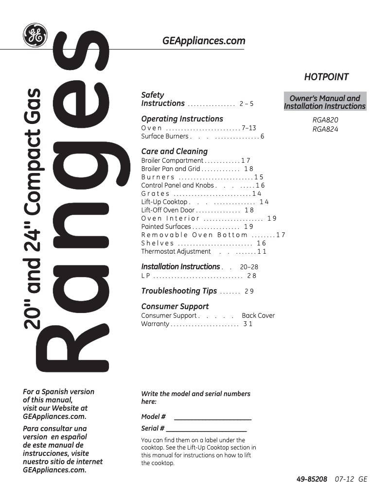 Page 1 de la notice Instructions / montage Hotpoint RGA820DEDWW