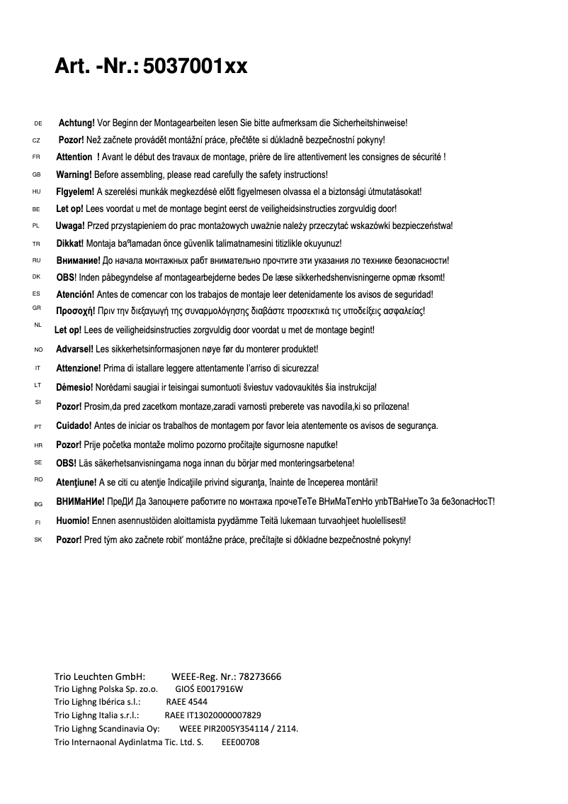 Page 1 de la notice Manuel utilisateur Trio Lighting Jasmin 503700161