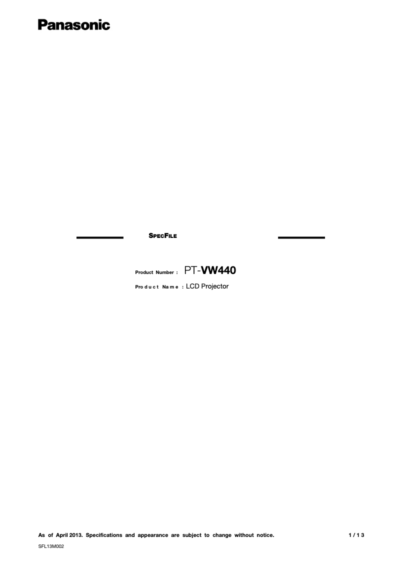 Page 1 de la notice Manuel utilisateur Panasonic PT-VW440