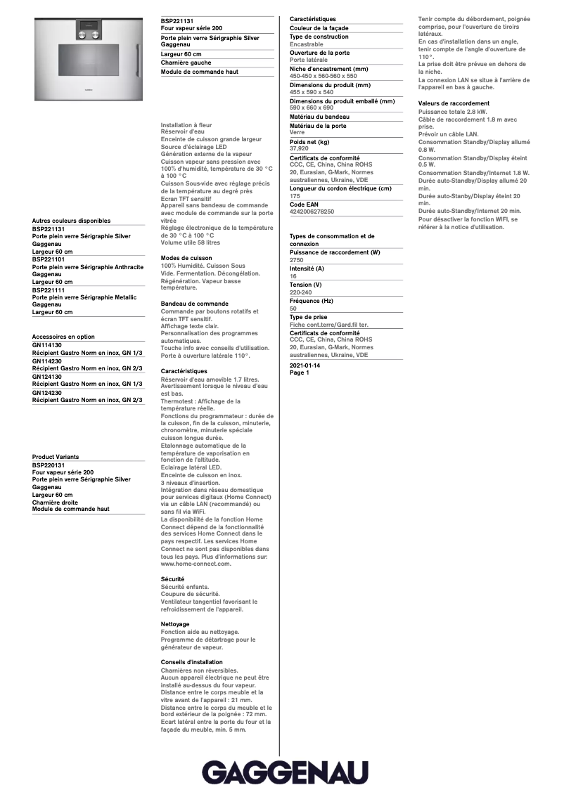 Page 1 de la notice Fiche technique Gaggenau BSP221131