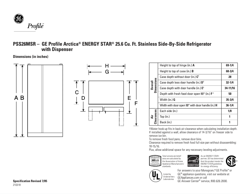 Page 1 de la notice Fiche technique GE PSS26MSRSS