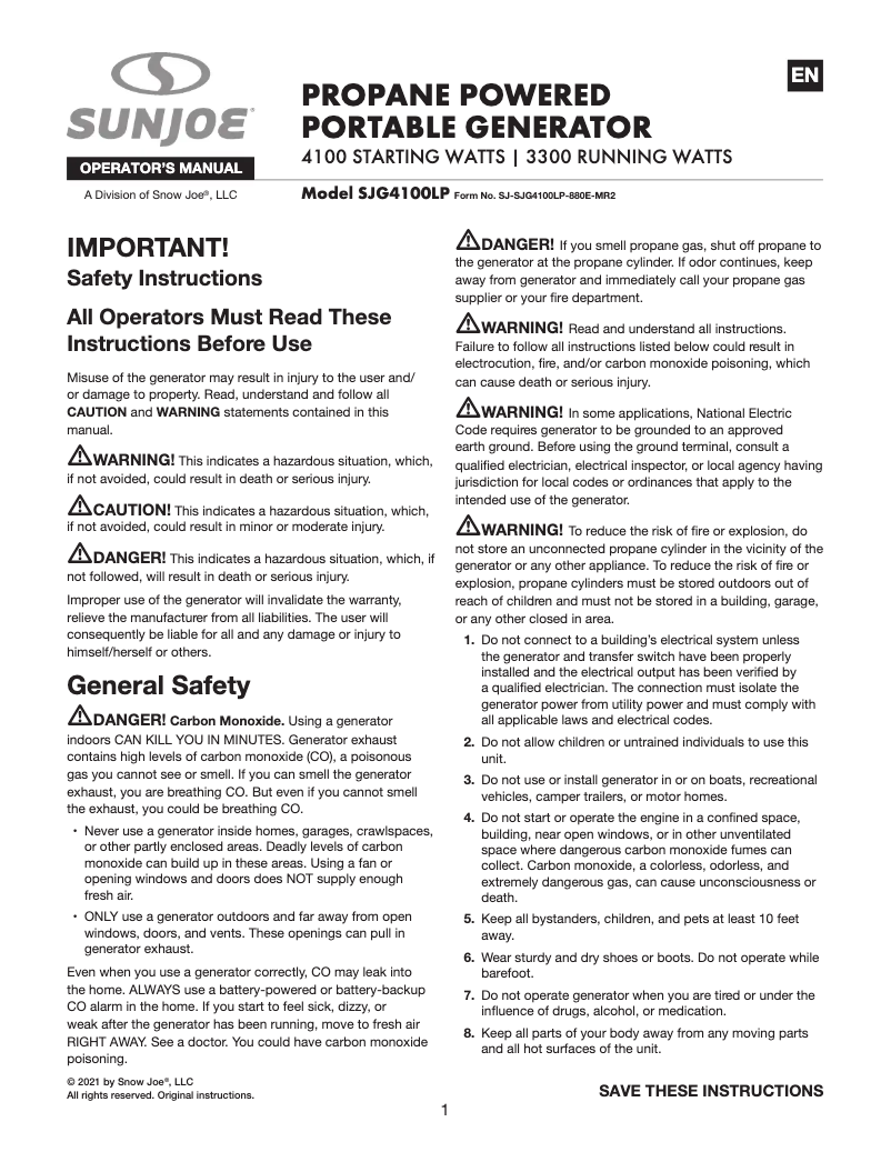 Page 1 de la notice Manuel utilisateur Sun Joe SJG4100LP