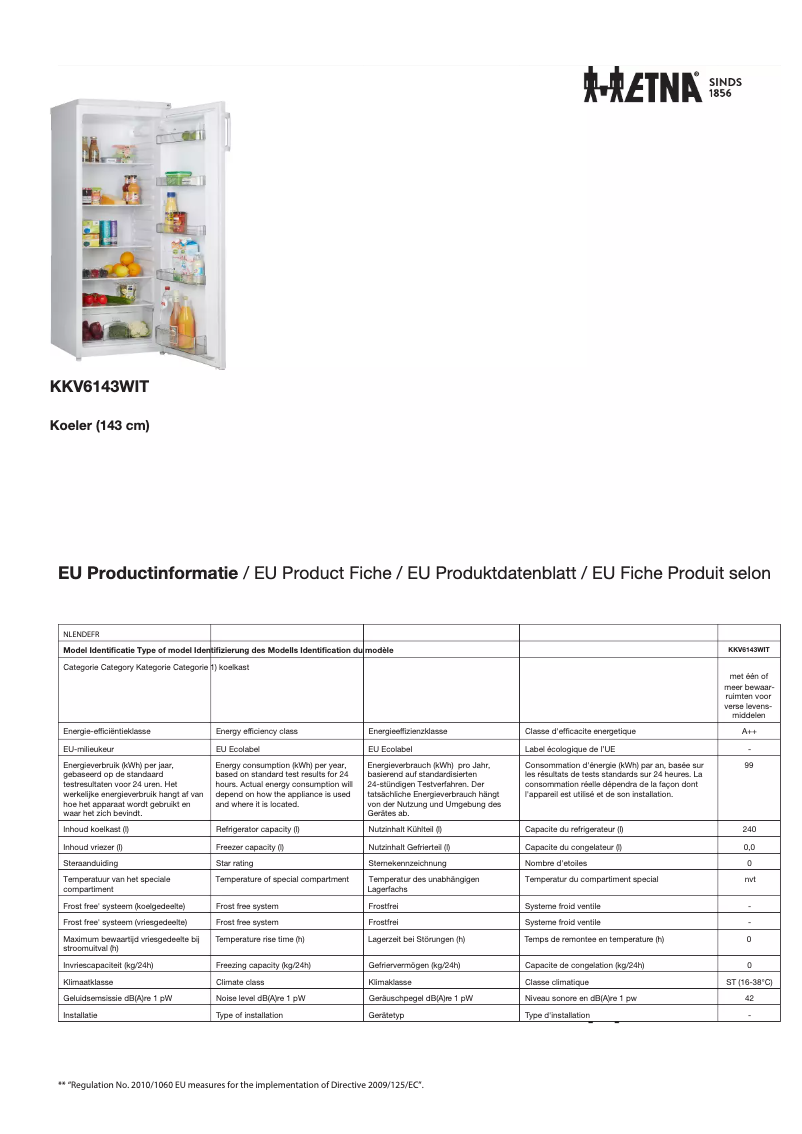 Page 1 de la notice Fiche technique Etna KKV6143WIT