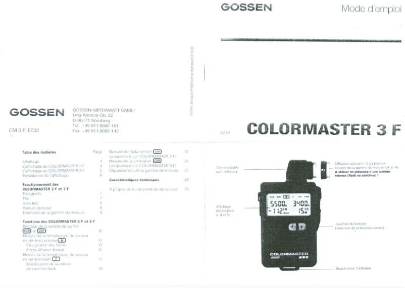 Page 1 de la notice Manuel utilisateur Gossen COLORMASTER 2F