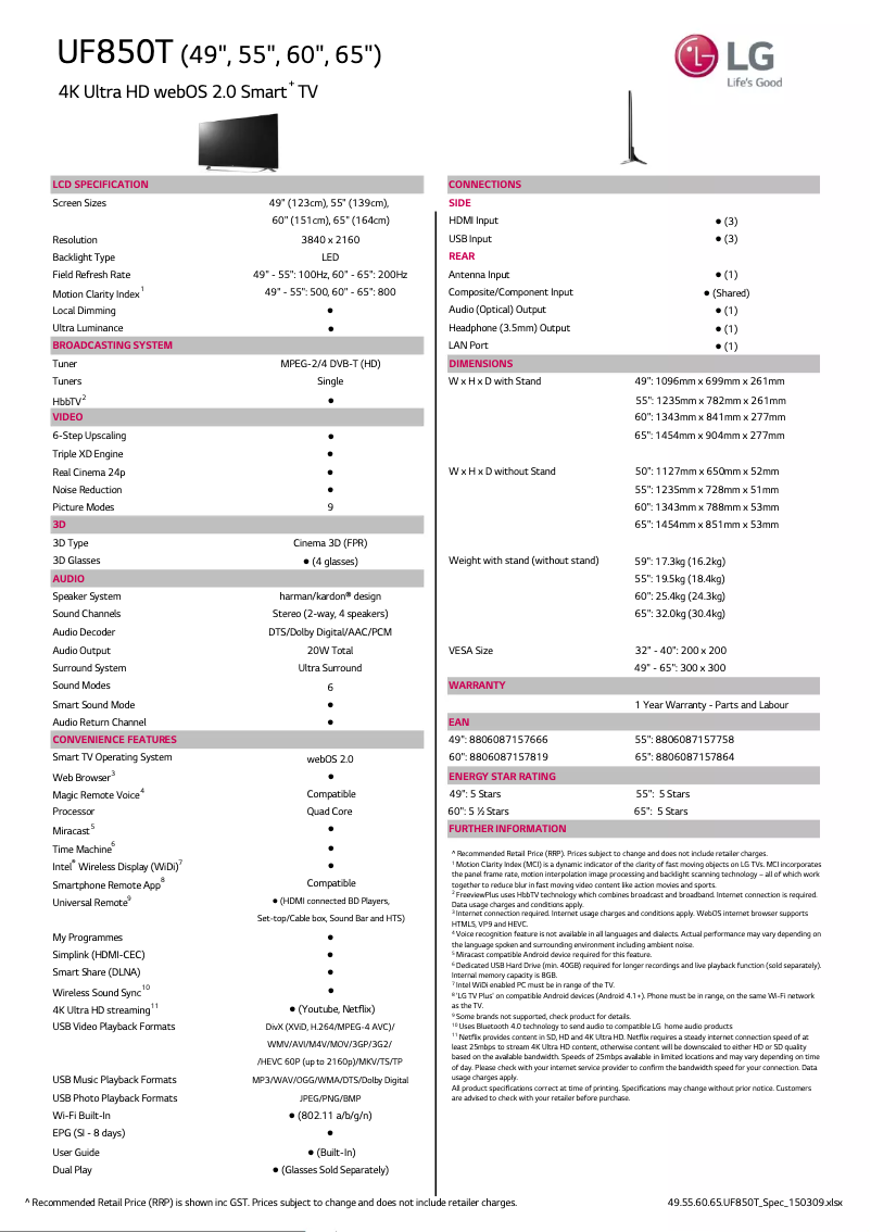 Page 1 de la notice Fiche technique LG 60UF850T