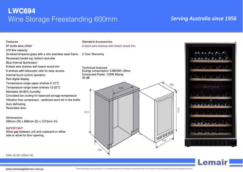 Page 1 de la notice Fiche technique Lemair LWC694