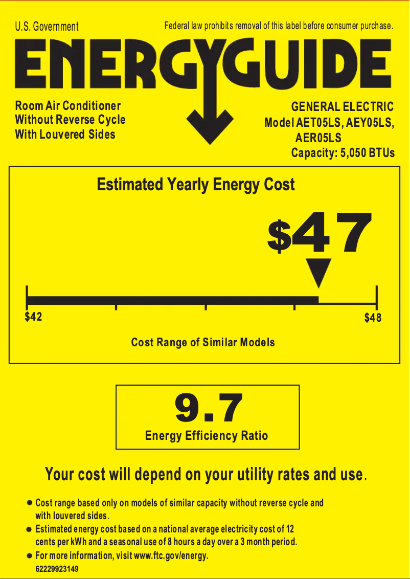 Page 1 de la notice Label énergétique GE AET05LS