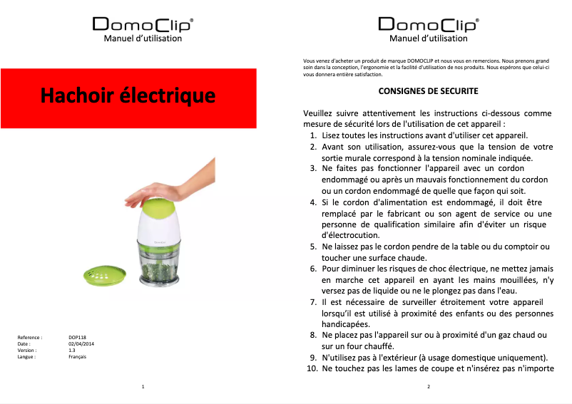 Page n°1 - Manuel utilisateur Domoclip DOP118