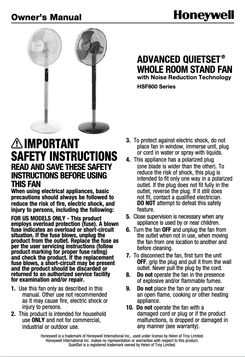 Page n°1 - Manuel utilisateur Honeywell HSF600W