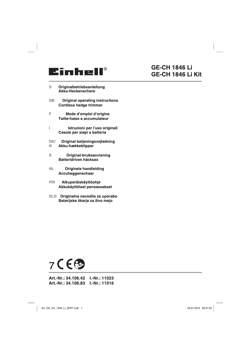 Page 1 de la notice Manuel utilisateur Einhell GE-CH 1846/2 Li Kit